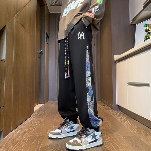 NODE SPORTS品牌联名男士休闲裤春秋季新款裤子男潮流美式宽松哈伦束脚长裤 23619黑色(B) L