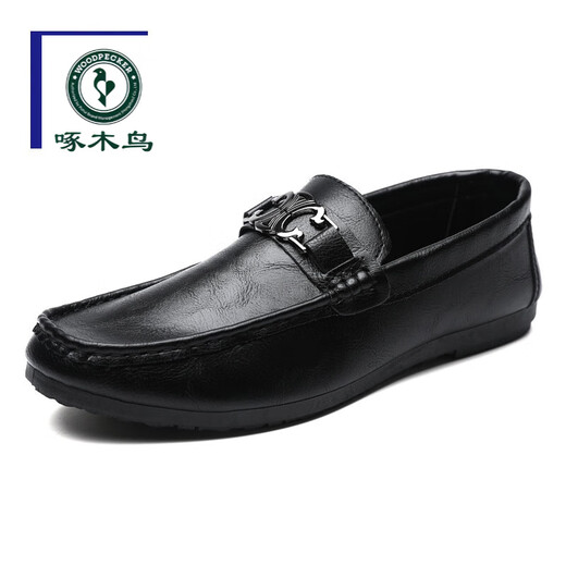 Woodpecker Chaussures masculines en cuir authentique, chaussures de petite cuir noires, une touche de chaussures à la mode, surface en cuir, chaussures de haricots décontractées pour hommes, mocassins pour hommes, YL-D878 Black Flagship Model 44