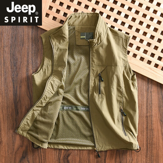 Jeep Spirit Outdoor Multi-Función Vest Menores de verano 2025 Summer delgado transpirable resistente al agua Collar Chaqueta de chaleco casual Summer Khaki verde L