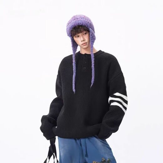 JASONWOOD American Heavy Henley Collar Contrast Color Sweater Men's Autumn and Winter Trendy Lazy Style Striped Splicing Sweater Black M 160-170CM 95-110Jin Jin is equal to 0.5 kg