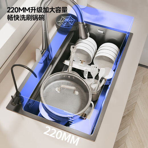 摩恩阳光系列厨房水槽大单槽洗菜盆一体盆304不锈钢纳米多功能洗碗洗菜池 6.0米粒压纹抗菌水槽豪华配置 680x450mm