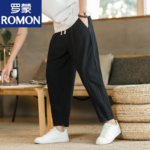 罗蒙（ROMON）亚麻九分裤男夏季薄款休闲裤中国风棉麻裤子直筒宽松锥形裤9分裤 浅灰色+深灰色 2XL 136-150斤