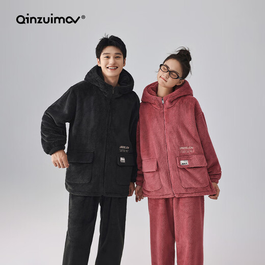 Kissing Cat Soft Velvet Couple Pajamas Women's Autumn and Winter Men's Suits Home Clothes Warm and Thickened Can Be Weared Outside 4716 Jet Black Men 3XL