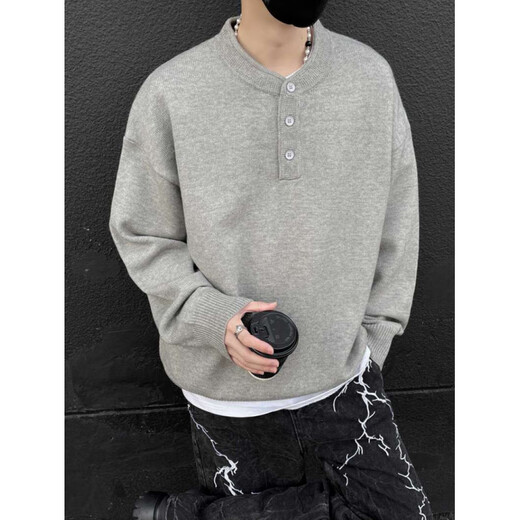 QGF gray American Henry collar sweater men's autumn high-end lazy style bottoming sweater cleanfit inner wear black M recommended 90-100Jin Jin equals 0.5 kg
