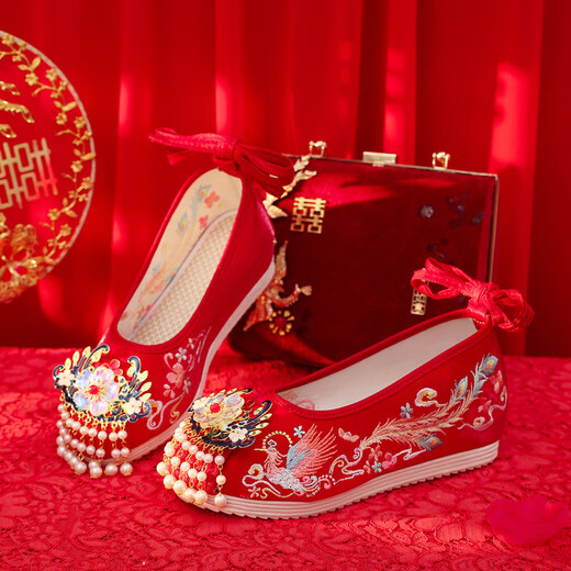 Tianyi Bride Xiuhe Wedding Zapatos Tassel Hanfu Hanfu Style Faho Borded Zapatos Bordados Red Red Wedding Wedding Wedding Wedding Style Red Wedding Shops con Cheongsam Tassel Hanfu [Supreme Fengming Red Size 38]