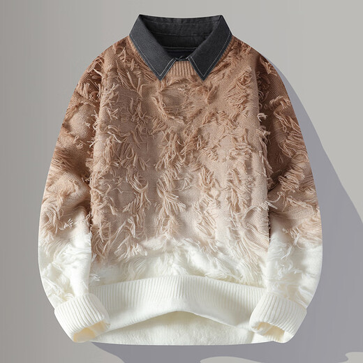 Two-piece men's gradient shirt collar sweater men's destructive tassel sweater men's thermal inner wear 9738 grey [round neck] M about 90-110 Jin [Jin equals 0.5 kg] can be worn