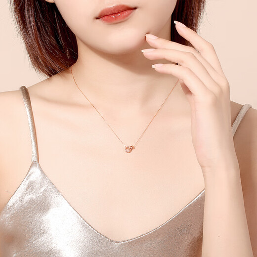 Saphire 18K gold necklace for women, interlocking double-ring rose gold colored clavicle chain for birthday gift, K yellow, about 43cm