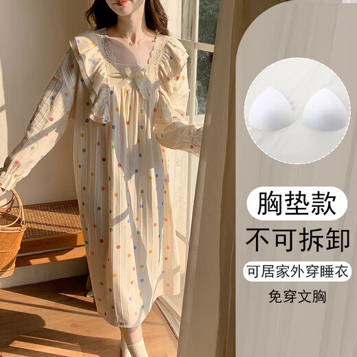 Nanbowan 2024 new spring and autumn long-sleeved polka dot women's nightgown with chest pad integrated large size pajamas pregnant women's home clothes 16857 without chest pad M (recommended weight 80-100 Jin [Jin equals 0.5 kg])