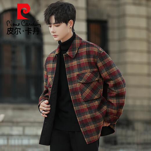 皮尔卡丹双面羊毛外套男士羊毛呢子大衣短款秋冬季格子加厚翻领夹克高端潮 红格子 M