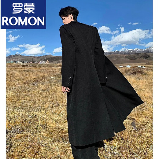 ROMON black long godfather shoulder pad woolen coat men's winter thickened cleanfit Cthulhu civilian windbreaker jacket black [upgrade] 90% buyers choose 2XL 150-165Jin [Jin equals 0.5 kg]