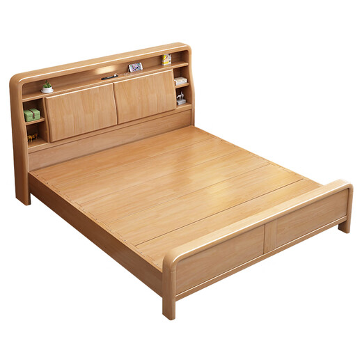 Nordic style all solid wood bed 1.8m double master bedroom king bed multifunctional storage night light bed full bed board 2308#