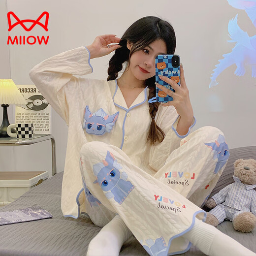 Cat Man (Miiow) reines Baumwollpyjama für Frauen im Frühjahr und Herbst neue langärmelte Hosen lose Strickjacken süße Cartoon niedliche Heimkleidung 9203 Erdbeerbär L [vorgeschlagen 100-120jin [Jin gleich 0,5 kg]]]