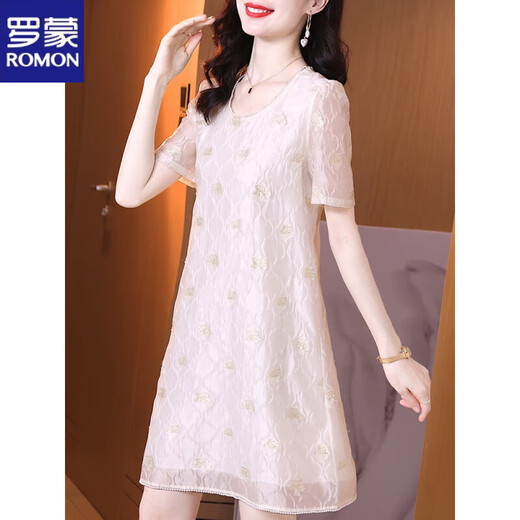 罗蒙短袖t恤连衣裙夏季新款女装欧根纱醋酸缎褶皱肌理感人丝提花刺绣 杏色 M 建议90-105斤