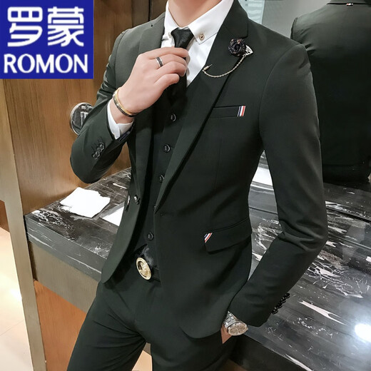 ROMON groom and best man wedding suit Korean style small suit slim and trendy three-piece men's business casual formal suit black suit + vest + trousers shirt tie L