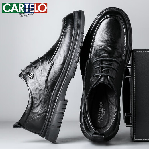 Cartelo British Herren Lederschuhe atmungsaktive Geschäft Formale Schuhe Hand Grip Muster niedrig dicke Sohle Lederschuhe Männer 9905 Schwarz 40