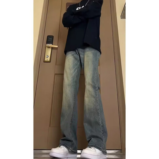莫小刀复古蓝牛仔裤男春夏季新款微喇叭裤垂坠感休闲直筒美式裤子男高街 水泥灰T1697 XL 建议120-140斤