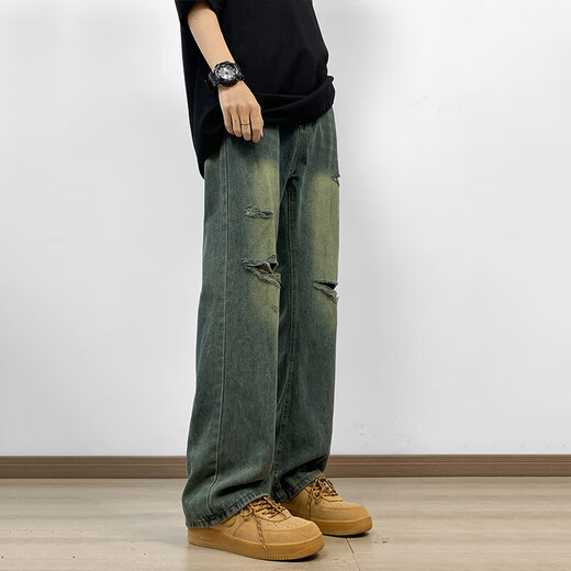7 Hochwertige Jeans für Männer und Frauen Retro waschen Sommer Old High Street Lose Loch gerade Hip-Hop-Waschen von Mikroscheiben-Hosen CRB-6167 Blue XL