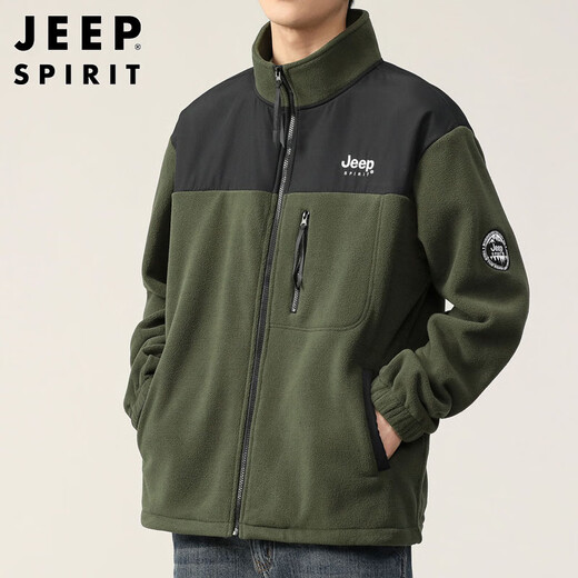 JEEP SPIRIT Jeep jacket men's autumn and winter sweatshirt men's polar fleece casual cardigan fleece clothes military green 2XL