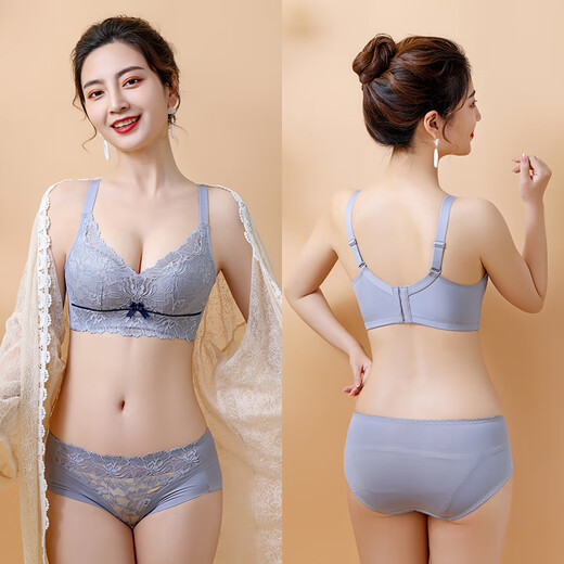 Blue Aegean Sea Wire-free Small Breasts Show Big Four-breasted Push-Up Bra Women's Upper Breast Holding Bra Anti-Sagging Bra Set Purple Set 75A/34A