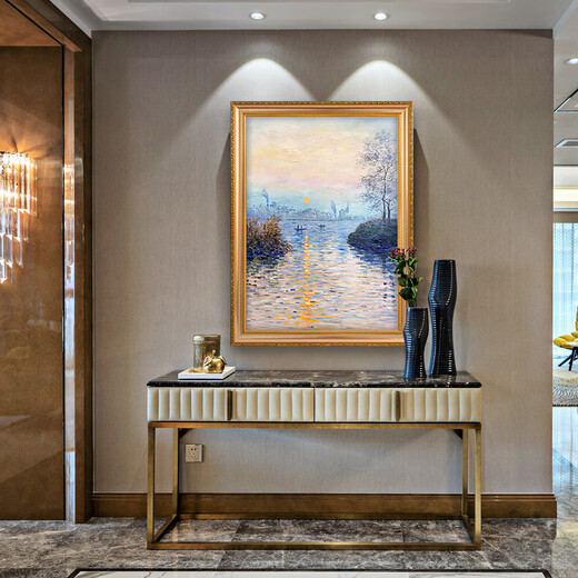 Monet, la famosa pintura de la bandera del emperador, la impresión del amanecer, pintura al óleo abstracta pintada a mano, pintura de decoración de la sala de estar, corredor de entrada y pasillo de la pintura colgante 692 marco de madera maciza de oro 110x240