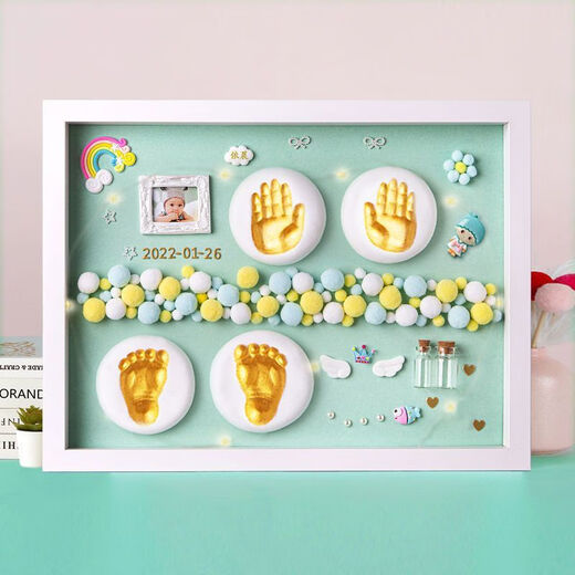 Full Moon Commemorative Hands and Foot Prints Mud Photo Frame Fetal Umbilical Cord Newborn Baby One Hundred Days Hands and Foot Prints Baby Years Old Gift Solid Wood 12-inch [Bright Life] Pink Gold Paint