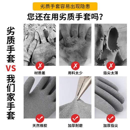 Arrugas de látex Trabajo Desgaste Resistente RESISTENTE Impermeable impermeable transpirable sin deslizamiento Sitio de trabajo de trabajo de goma de goma Guantes de protección [12 piezas] Arrugas grises de hilo gris medias
