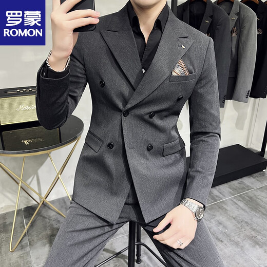 罗蒙（ROMON）高档正品戗驳领双排扣西服套装男新郎开会礼服胖子蓝色小西装 深灰三件套(西服+西裤+马甲+衬衫 L