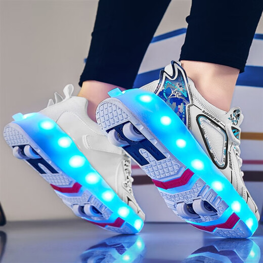 Young Jordan cut-off size internet celebrity rampage shoes four-wheel boy mesh breathable children double wheel student ice skating skateboard shoes girls 659 white mesh charging light small four-wheel 31 size