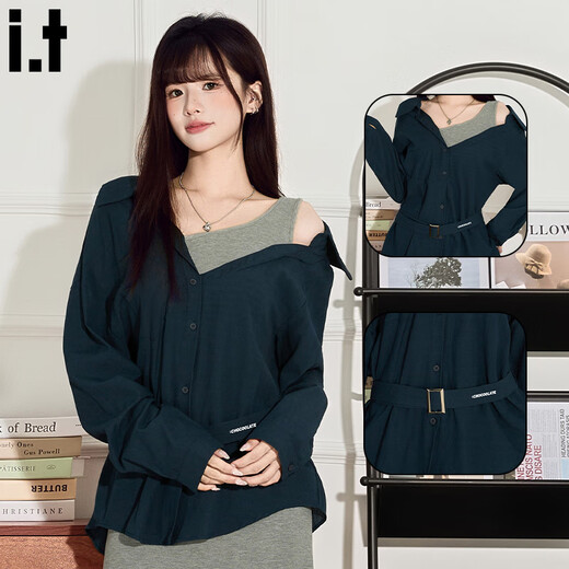 CHOCOOLATE it women's sexy design off-shoulder fake two-piece splicing long-sleeved shirt for women autumn and winter slim waist top for women white M