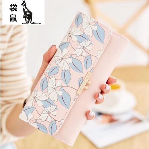 Kangaroo wallet women's large capacity new fashion clutch bag women's long three-fold student wallet mobile phone bag blue
