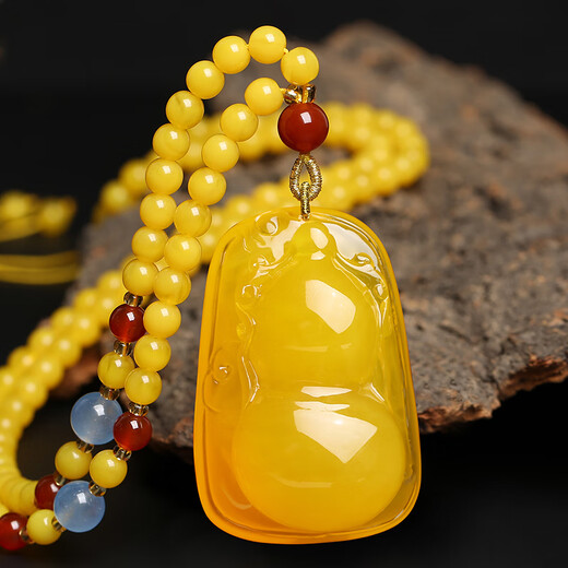 DRJEFUN with certificate natural old beeswax Dragon and Phoenix brand pendant women's necklace Wushi brand amber peony Pixiu sweater chain couple Ruyi gourd pendant + gold 0 carat silk thread bead chain