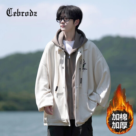 Cebrodz French jacket men's 2025 autumn and winter American fashion brand workwear large size loose casual fake two-piece hooded jacket black XL