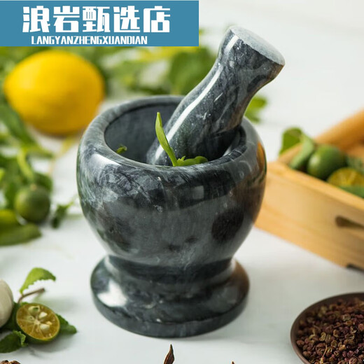 Garlic mortar, stone garlic pounder, stone mortar, household mashing jar, medicine pounding bowl, manual old-fashioned garlic masher, natural stone, Taishan stone black stone mortar with stone hammer