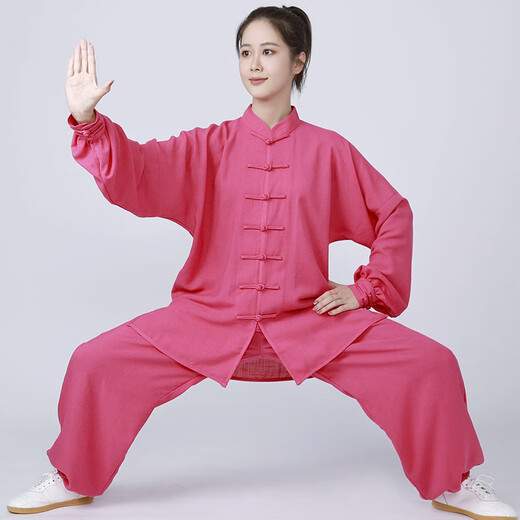 新款太极服女高档棉麻中国标志太极拳练功男中国风白色亚麻健身服 西瓜红 推荐女士 M