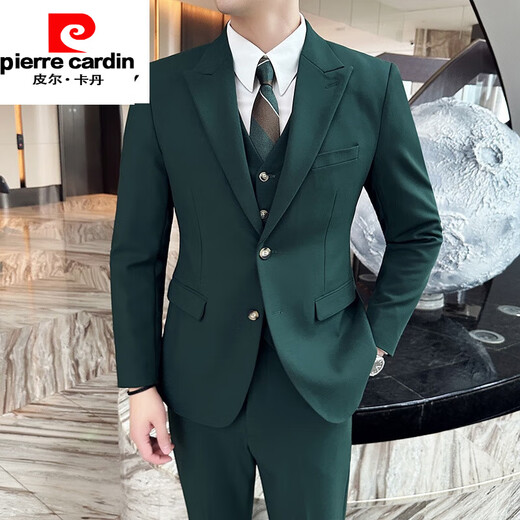 Pierre Cardin casual blazer men's solid color simple and versatile two-button British slim handsome suit trendy new product dark green suit + pants M
