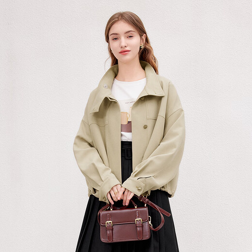 Betu Women's Spring New Style Windbreaker Temperament Stand Collar Short Drop Shoulder Sleeve Windbreaker Jacket Women 2401T47 Khaki L