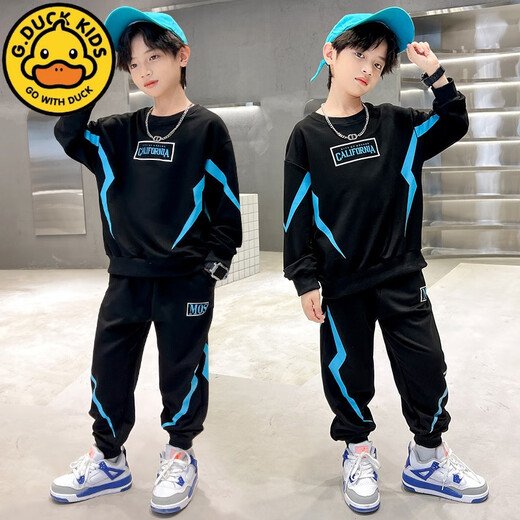 G.Duckkids Little Yellow Duck Children's Clothing Boy Herbst- und Winterkleidung Set 2024 Neues mittleres und großer Kinderjunge plus Samt Sweatshirt Casual und Modisches Schwarz und Gold [MOS Spring und Herbstkleidung] 170 cm