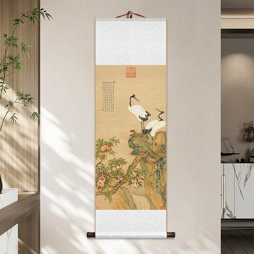爱麒松梅双鹤卷轴挂画花鸟仙鹤名家国画新中式客厅书房茶室玄关壁画 ZFL1283款：松鹤延年 整体尺寸：41*132cm 乳白色锦绫+新款