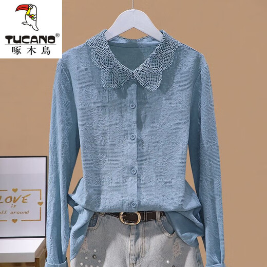 Woodpecker Ramie Long Sleeve White Shirt Women's Cotton Linen Linen High-end Top Shirt Women's 2026 New Spring and Autumn New Korean Version Blue Long/Sleeve (Ready Stock Quick Delivery) L Recommendation 115-130Jin Jin equals 0.5 kg
