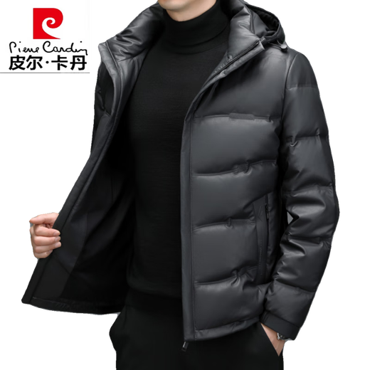 Pierre cardin leather down jacket men stand collar leather jacket dad winter middle-aged leather jacket thickened warmth thin jacket men's black 6627 style L 175