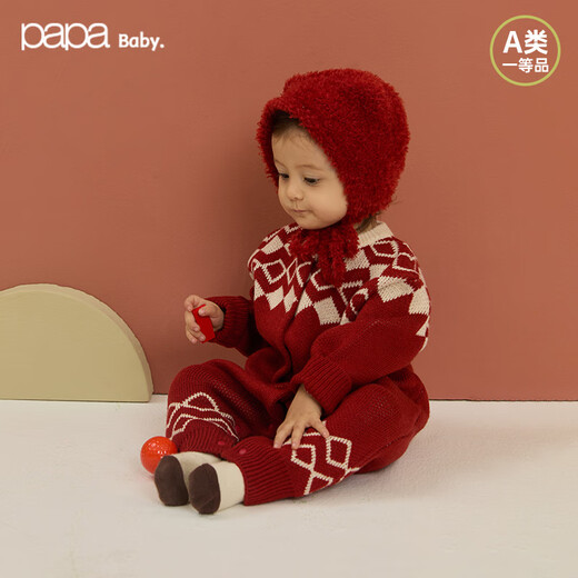 Papa crawling winter baby jumpsuit for men and women new year woolen jacquard warm and comfortable red 90cm