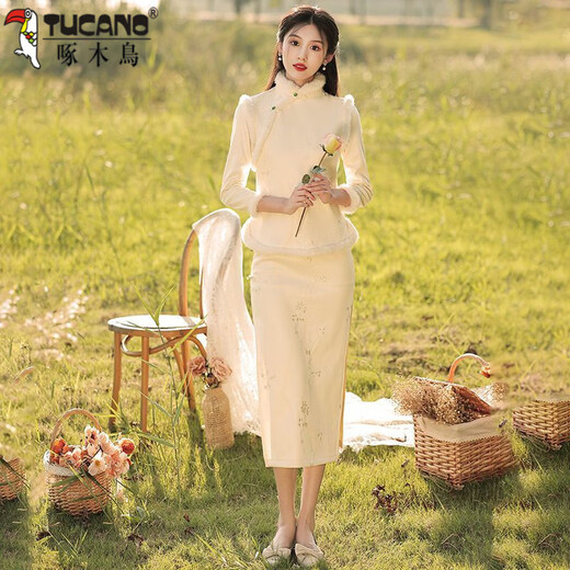 Woodpecker Winter Cheongsam 2025 New Velvet Thickened Winter Tea Clothes New Chinese Tea Artist Clothes Long Dress Women Off-White Velvet Thickened L