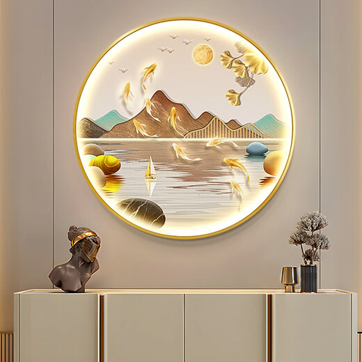 Three ants New Chinese style Jiuyu Picture Porch Decorative Painting with Lights Round Mural Entrance Door Painting Living Room Hanging Painting Landscape Crystal Porcelain Painting Jiuyu Jucai 1342 Diameter 100cm Remote Control Connection Power Supply Gold Aluminum Alloy Frame