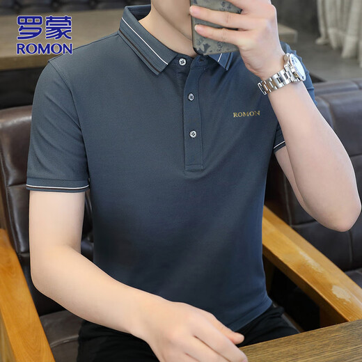 罗蒙（ROMON）短袖T恤男士polo.衫夏季商务休闲短袖男上衣男装体恤 灰兰色 XL 