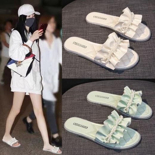 Belle Stepping Fairy Gentle Wind Pearl Rhinestone Slippers for Women in Summer 2025 New Fashion Outdoor Fashion Flat-Soled Flip-Soled Sneakers On White 37