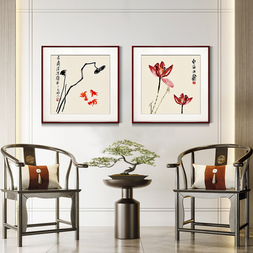 Zi Teng Suixuan Qi Baishi decorative painting new Chinese style living room background wall hanging painting bedroom dining room restaurant ink shrimp mural gourd 50*50cm mahogany color solid wood frame