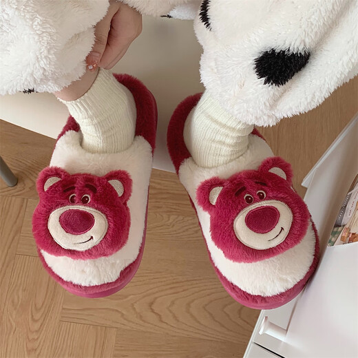 Vanjano Dreidimensionales niedliches Spielzeug Story Erdbeerbärenpaar Baumwollruhrschuhe Winter Home Pelzschuhe Männer und Frauen rot halbe Tasche 5009 ERCT Ohr Erdbeerbär 36-37 36