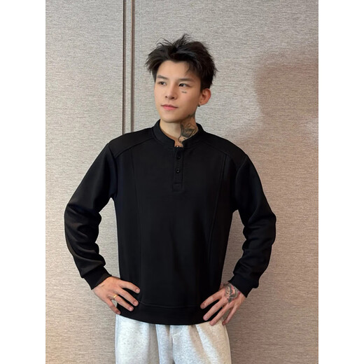 7 excellent products black American henley collar long-sleeved polo shirt for men in autumn deconstructed splicing heavyweight t-shirt right shoulder loose sweatshirt MPFS-T8 white XL