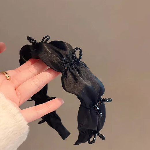 Jinhehe black high-end wide-brimmed pleated crystal hairband for women with high skull temperament niche crushed hairpin new hair accessories black satin rhinestone bow
