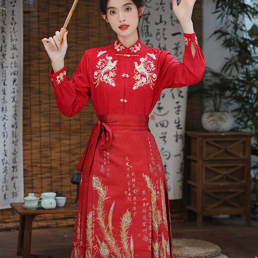 闻莺燕春夏汉服成人女织金红色马面裙全套小个子重工缎面提花衬衫套装 983红色上衣+6288红色马面裙 XL （建议体重135-150斤）